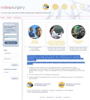 Screen shot of front page of Video Surgery