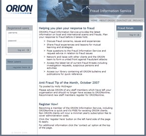 Screen shot of front page of Orion Online Fraud Prevention