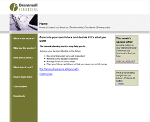 Screen shot of front page of Brammall Financial
